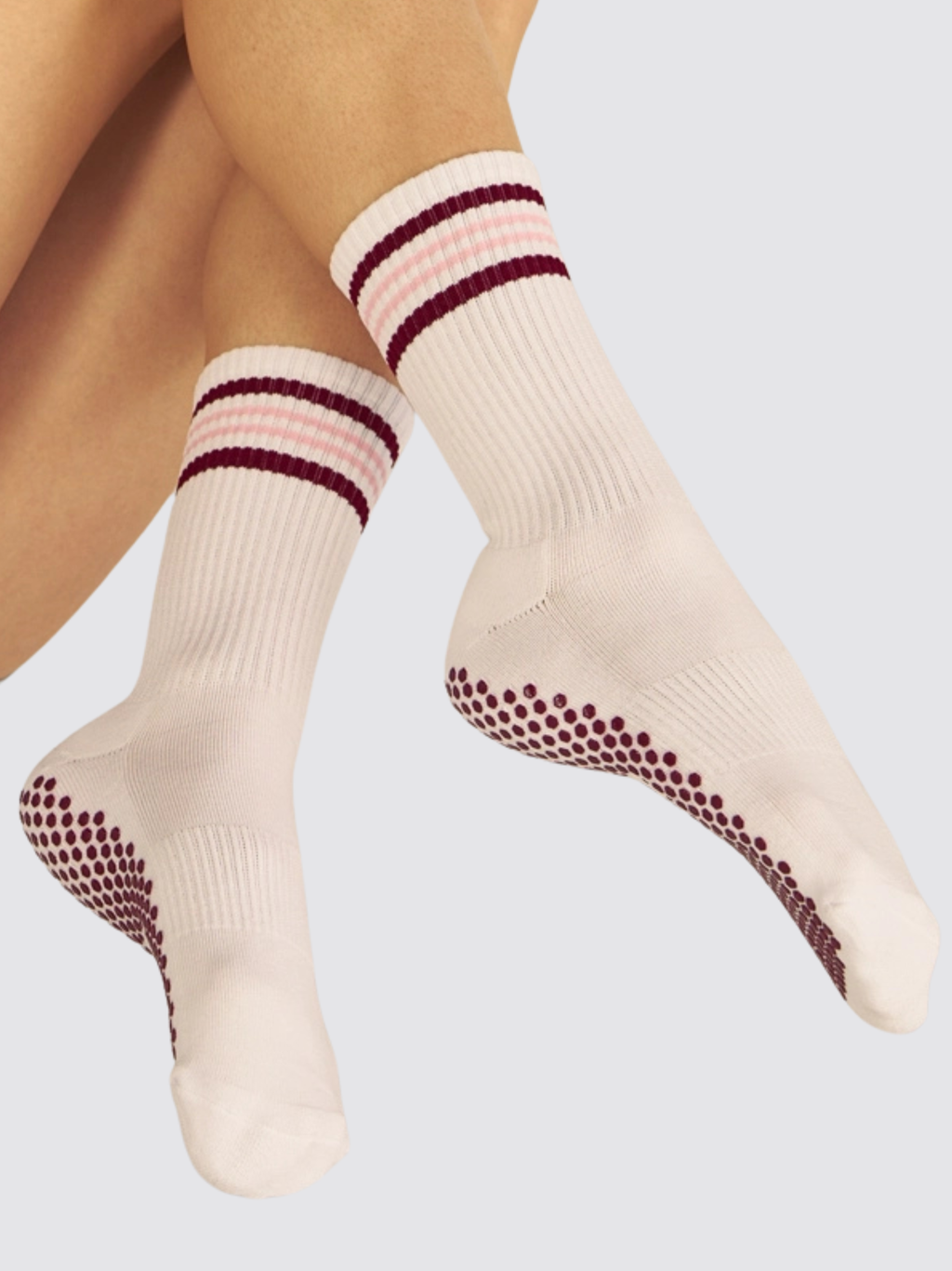 The Multi Stripe Crew Grip Sock — Dark Cherry/Pink