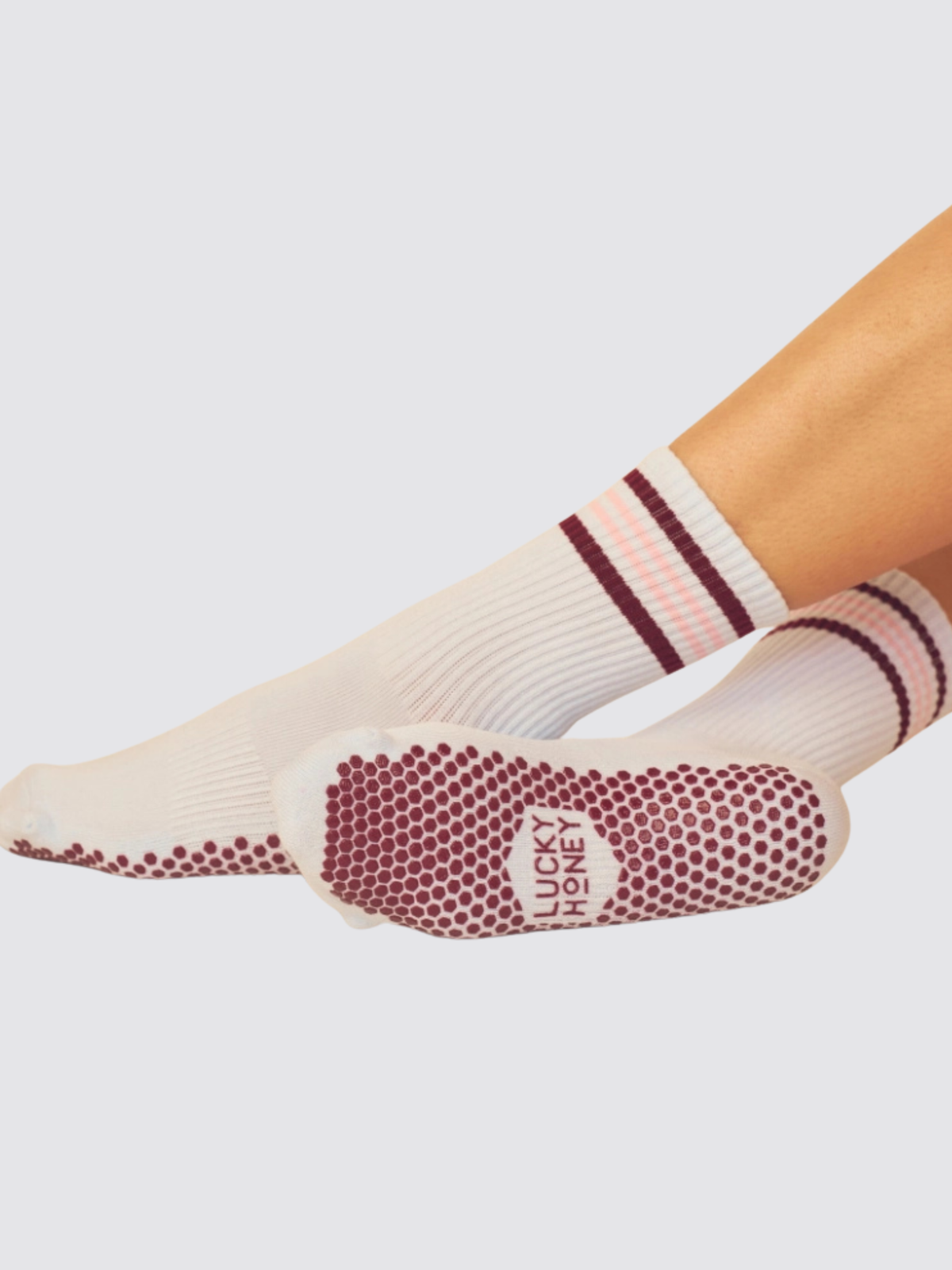 The Multi Stripe Crew Grip Sock — Dark Cherry/Pink