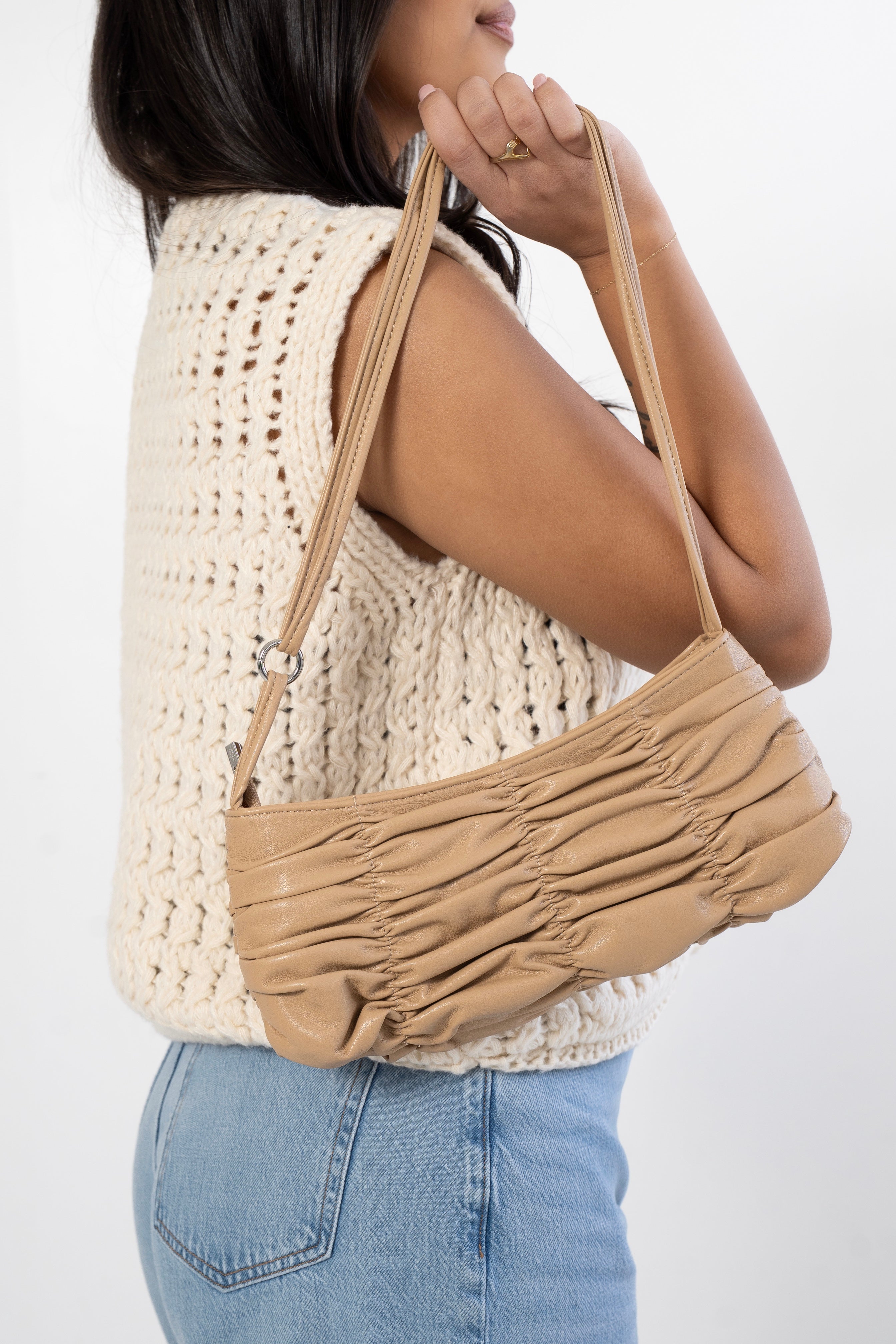 Pleated Leather Handbag - BEIGE