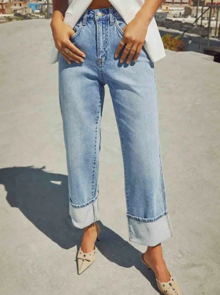 Rolled Hem Straight Leg Denim Pants
