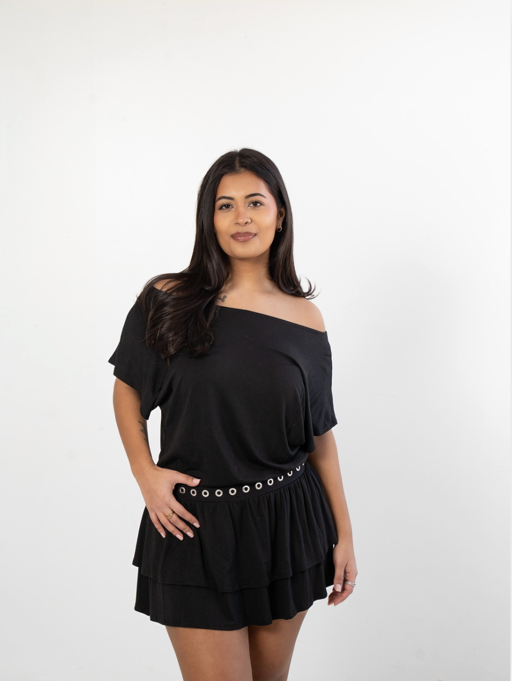 Studded Waist Boat Neck Mini Dress