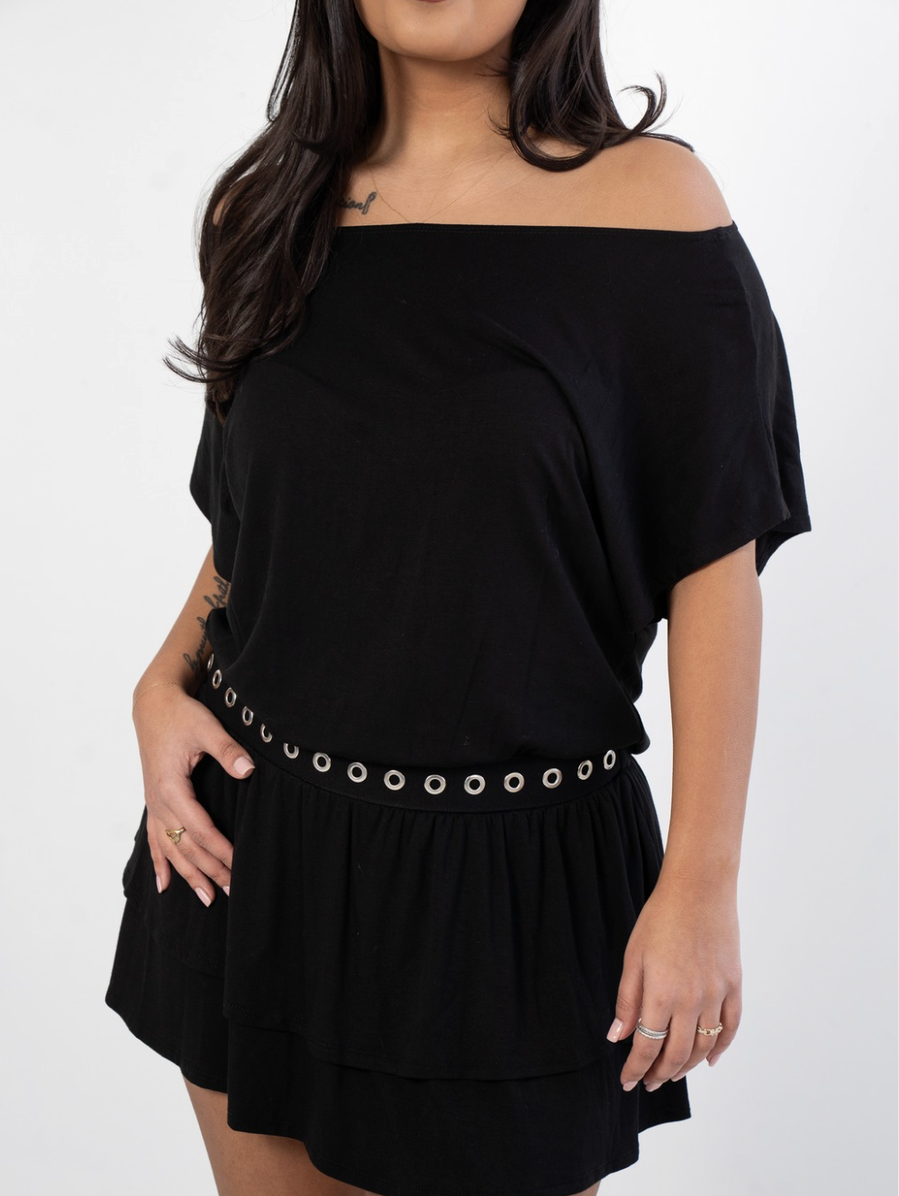 Studded Waist Boat Neck Mini Dress