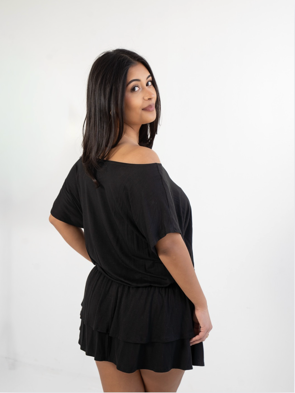 Studded Waist Boat Neck Mini Dress