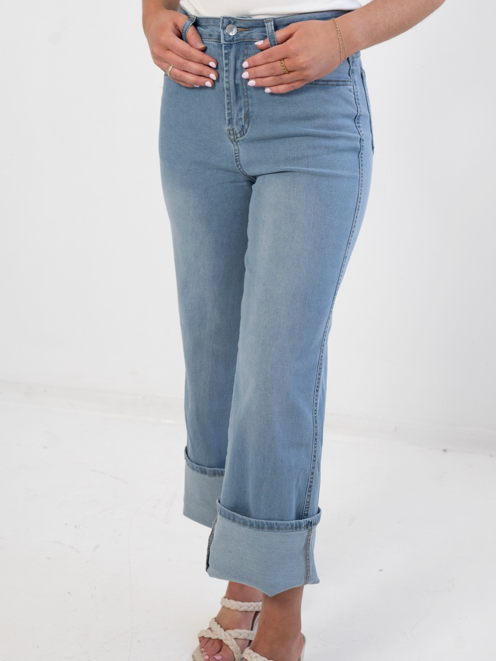 Rolled Hem Straight Leg Denim Pants