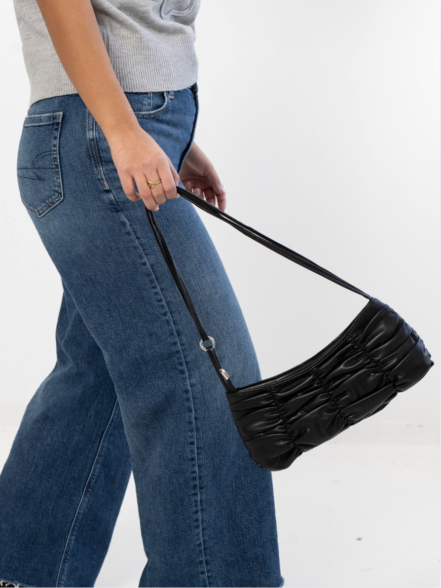 Pleated Leather Hand Bag - BLACK