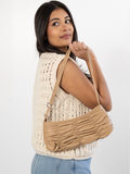 Pleated Leather Handbag - BEIGE