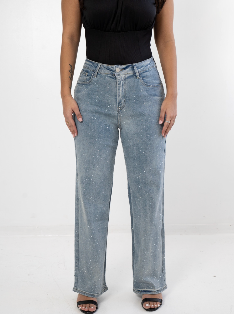 Rhinestone Straight Leg Denim Pants