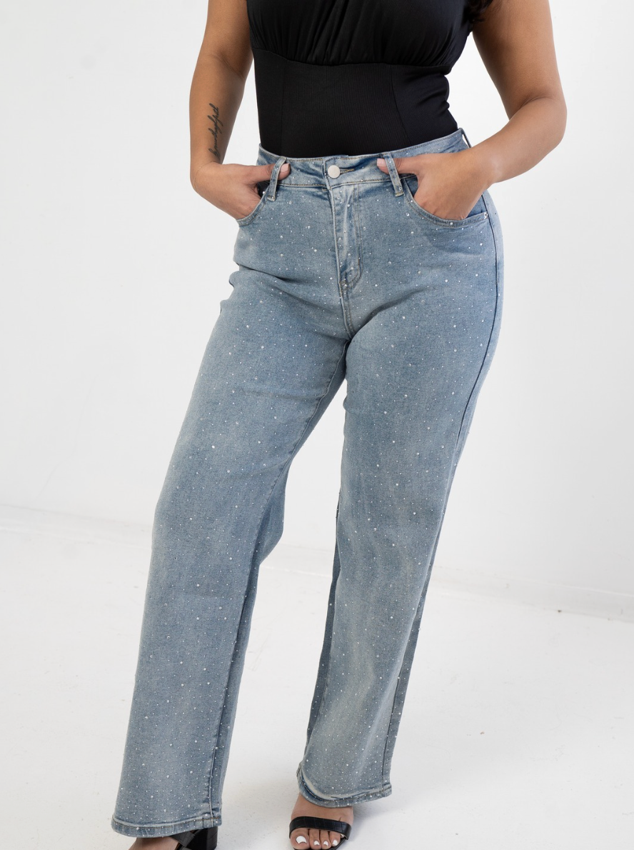 Rhinestone Straight Leg Denim Pants