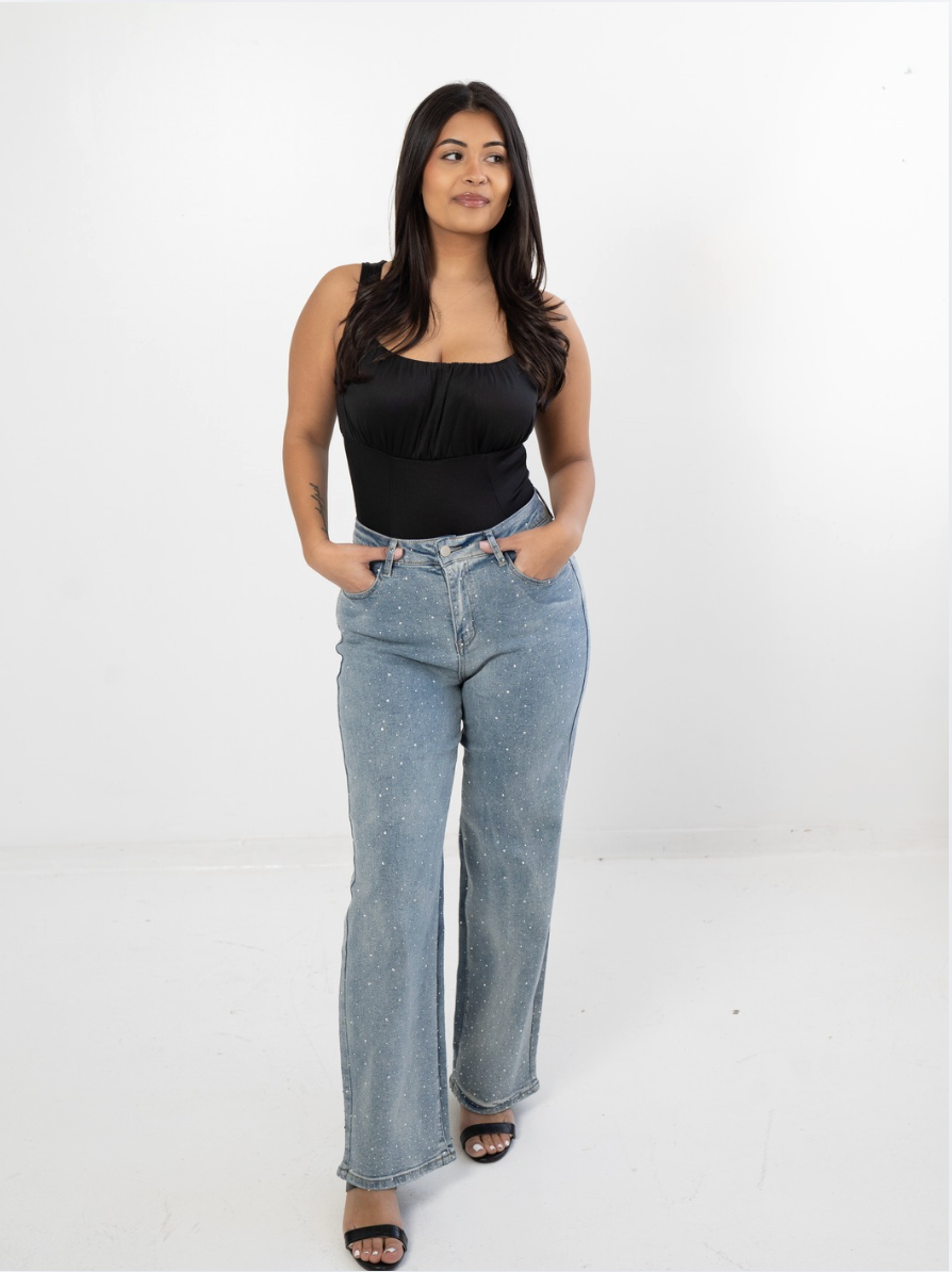 Rhinestone Straight Leg Denim Pants